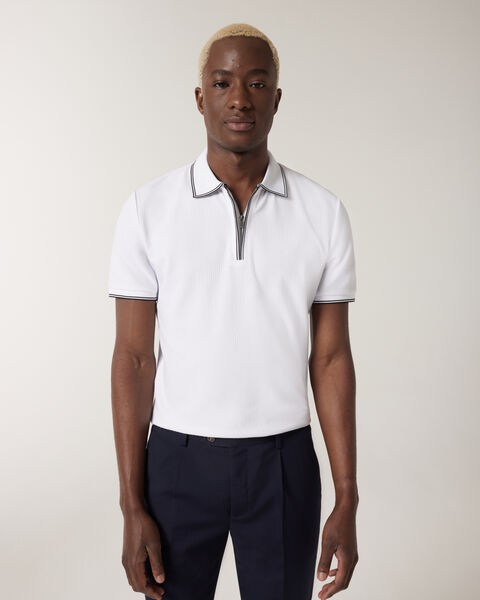 Textured Zip-up Collar Polo, White, hi-res